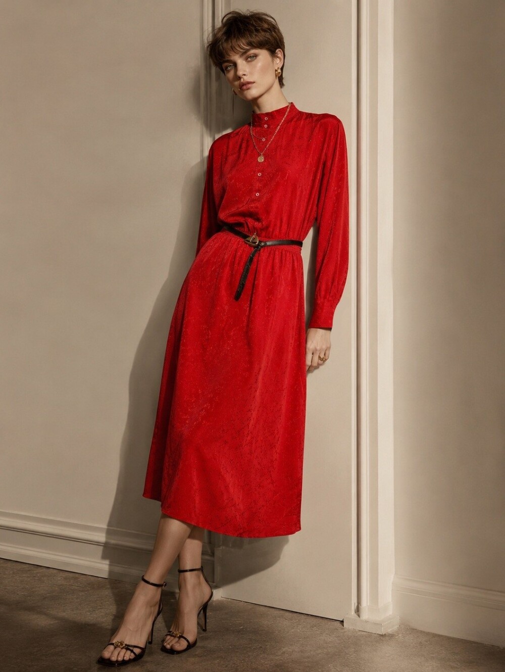 Vintage 1980s 100% Silk Red Dress Midi Long Sleeve Free flowing Lightweght S